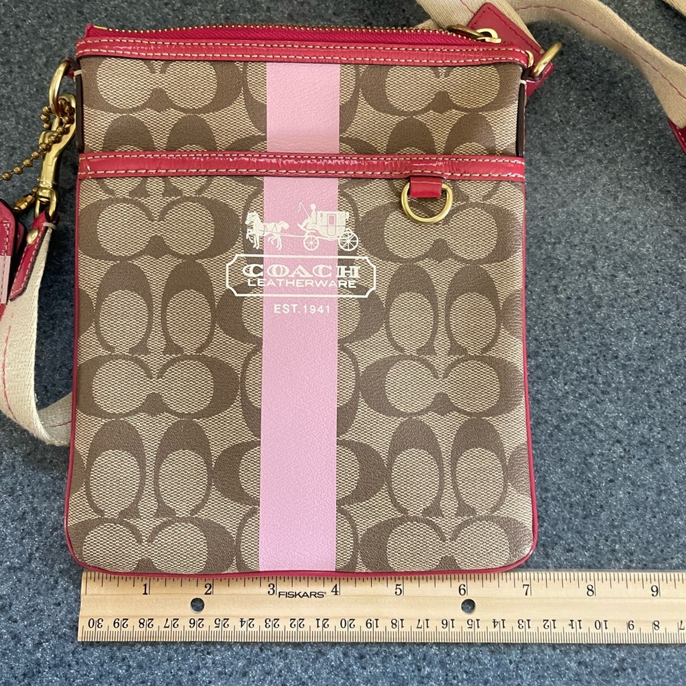 Coach Brown Signature Crossbody with Pink Center Stripe and Red Trim